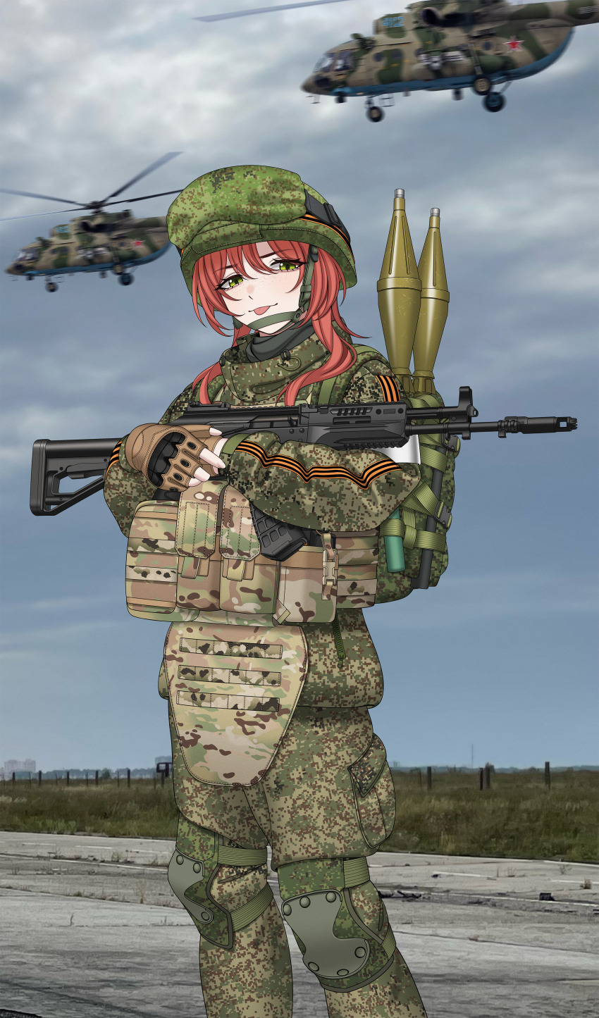1girl, absurdres, aircraft, ak-12, assault_rifle, attack_helicopter, body_armor, brown_gloves, camouflage, camouflage_jacket, camouflage_pants, cargo_pants, digital_camouflage, gloves, green_jacket, gun, helicopter, highres, jacket, kalashnikov_rifle, keiita, knee_guards, long_hair, looking_at_viewer, military, military_combat_uniform, military_uniform, military_vehicle, original, pants, red_hair, ribbon_of_saint_george, rifle, rocket_launcher, rpg_(weapon), russo-ukrainian_war, soldier, solo, tactical_clothes, tactical_gloves, tongue, tongue_out, vdv, weapon