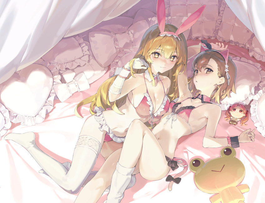 2girls, absurdres, adjusting_hair, animal_ear_hairband, animal_ears, armpits, asymmetrical_bangs, bikini, blonde_hair, breasts, brown_eyes, brown_hair, cat_ears, character_doll, cleavage, commentary_request, doll, elbow_gloves, fake_animal_ears, frilled_bikini, frills, front-tie_bikini_top, front-tie_top, gekota, gloves, hair_between_eyes, hairband, highres, huge_filesize, large_breasts, looking_at_viewer, lying, misaka_mikoto, multiple_girls, nezumidoshi, on_bed, pink_bikini, rabbit_ears, shirai_kuroko, shokuhou_misaki, small_breasts, socks, spider_web_print, star-shaped_pupils, star_(symbol), stuffed_animal, stuffed_frog, stuffed_toy, swimsuit, symbol-shaped_pupils, thighhighs, toaru_kagaku_no_railgun, toaru_majutsu_no_index, white_gloves, white_socks, white_thighhighs, wrist_cuffs, yellow_eyes