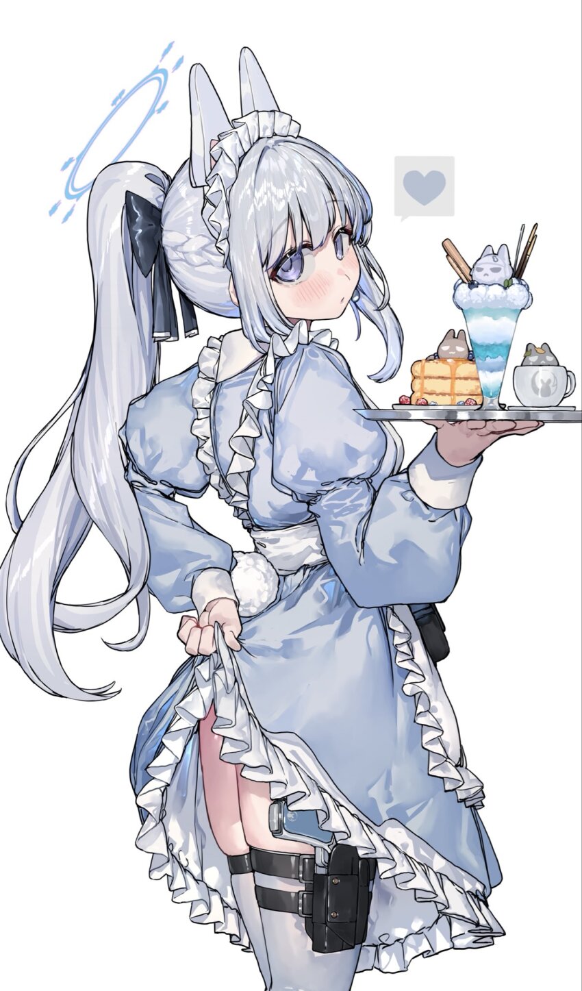 1girl, alternate_costume, animal_ear_headphones, animal_ears, apron, blue_archive, blue_bow, blue_dress