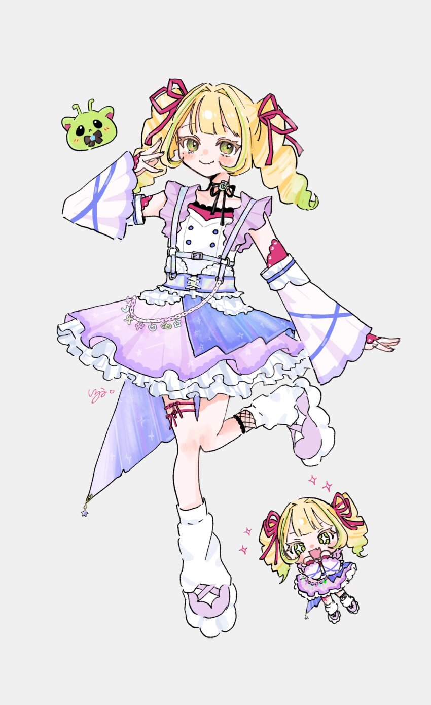 1girl, asymmetrical_legwear, asymmetrical_skirt, black_choker, blonde_hair, blush, chest_harness, chibi