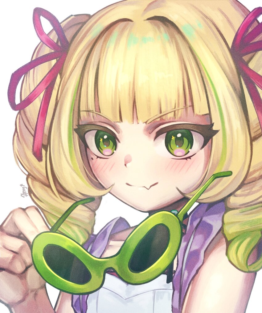 1girl, blonde_hair, blunt_bangs, blush, closed_mouth, commentary, dress, drill_hair