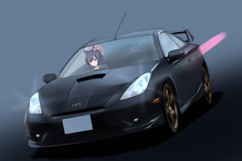 1girl, absurdres, animal_ear_fluff, animal_ears, black_hair, blue_archive, car, cat_ears