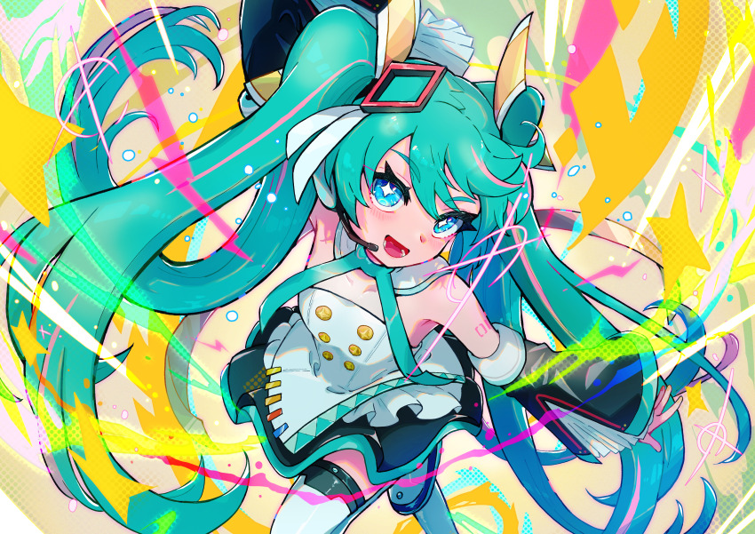 1girl, absurdres, aqua_hair, aqua_trim, arm_tattoo, arm_up, ayaka_mitarashi, bare_shoulders, black_skirt, black_sleeves, blue_eyes, blush, breasts, collarbone, commentary_request, detached_collar, detached_sleeves, dress, hair_between_eyes, hair_ornament, hatsune_miku, hatsune_miku_expo, highres, long_hair, long_sleeves, looking_at_viewer, medium_breasts, miniskirt, number_tattoo, open_mouth, skirt, smile, solo, sparkling_eyes, strapless, strapless_dress, tattoo, thighhighs, twintails, very_long_hair, white_thighhighs, wide_sleeves