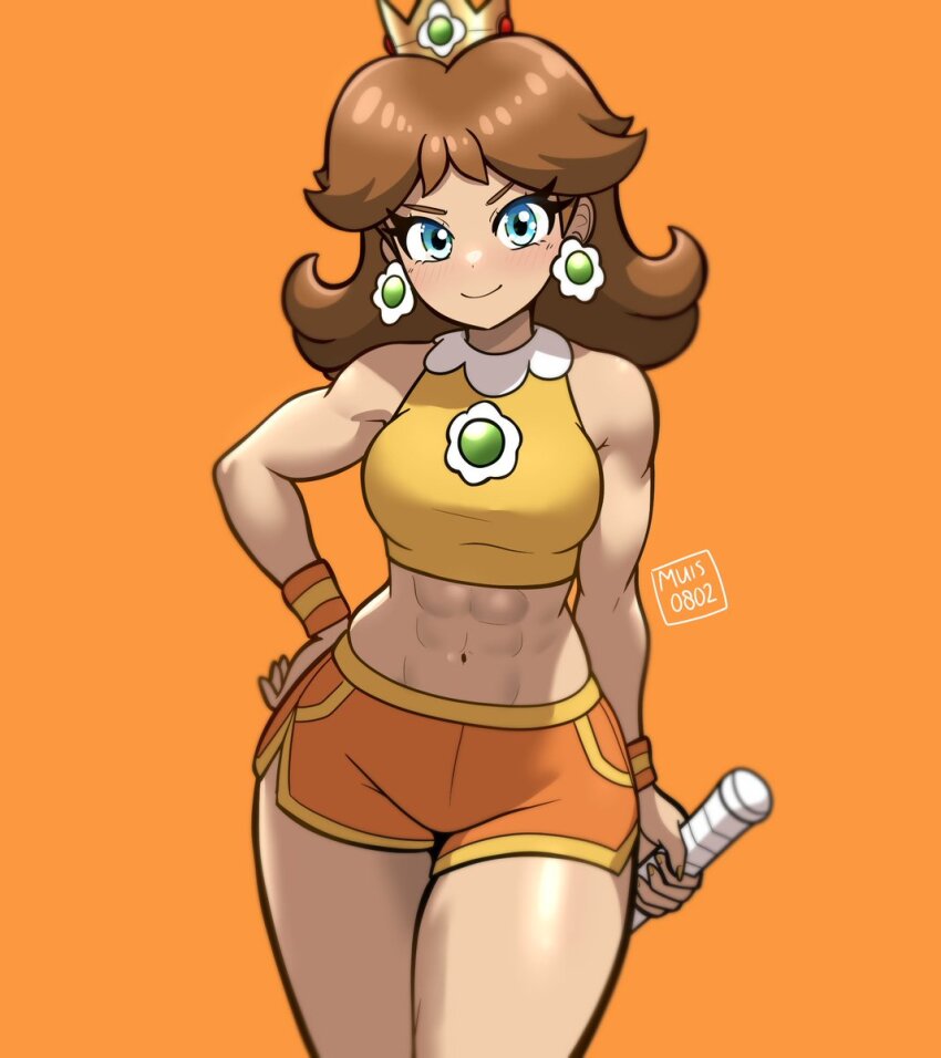 1girl, abs, bare_shoulders, blue_eyes, breasts, brown_hair, crop_top, crown