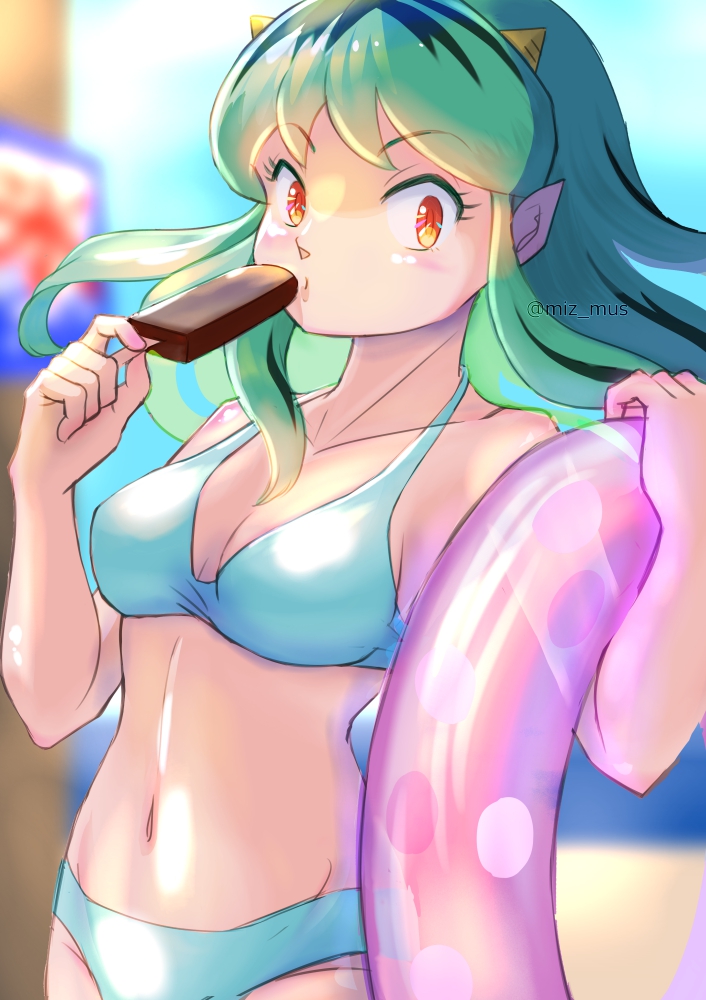 1girl, bikini, breasts, cleavage, food, green_hair, horns, ice_cream