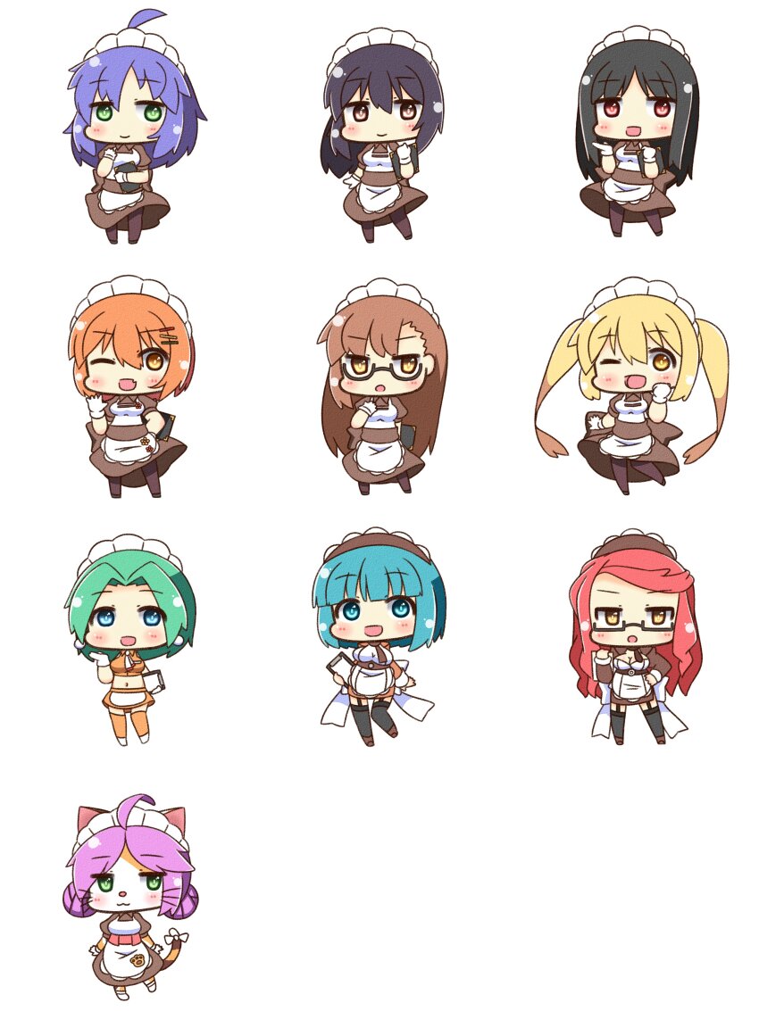 6+girls, :3, absurdres, ahoge, alty_(ragnarok_online), animal_ears, apron, black-framed_eyewear