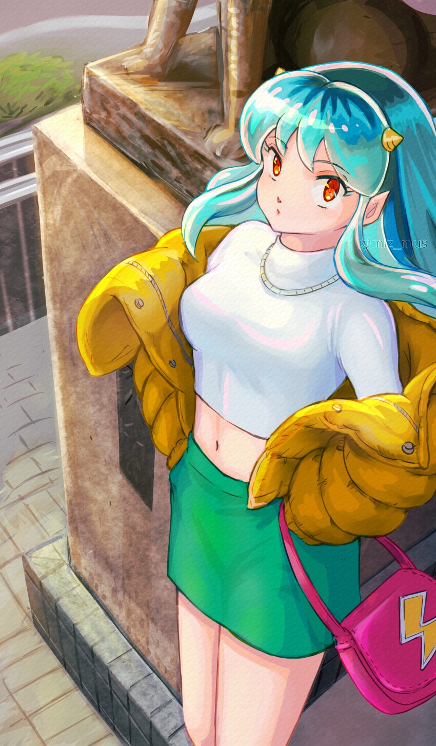 1girl, absurdres, bag, breasts, down_jacket, from_above, green_skirt, hachiko_(dog)