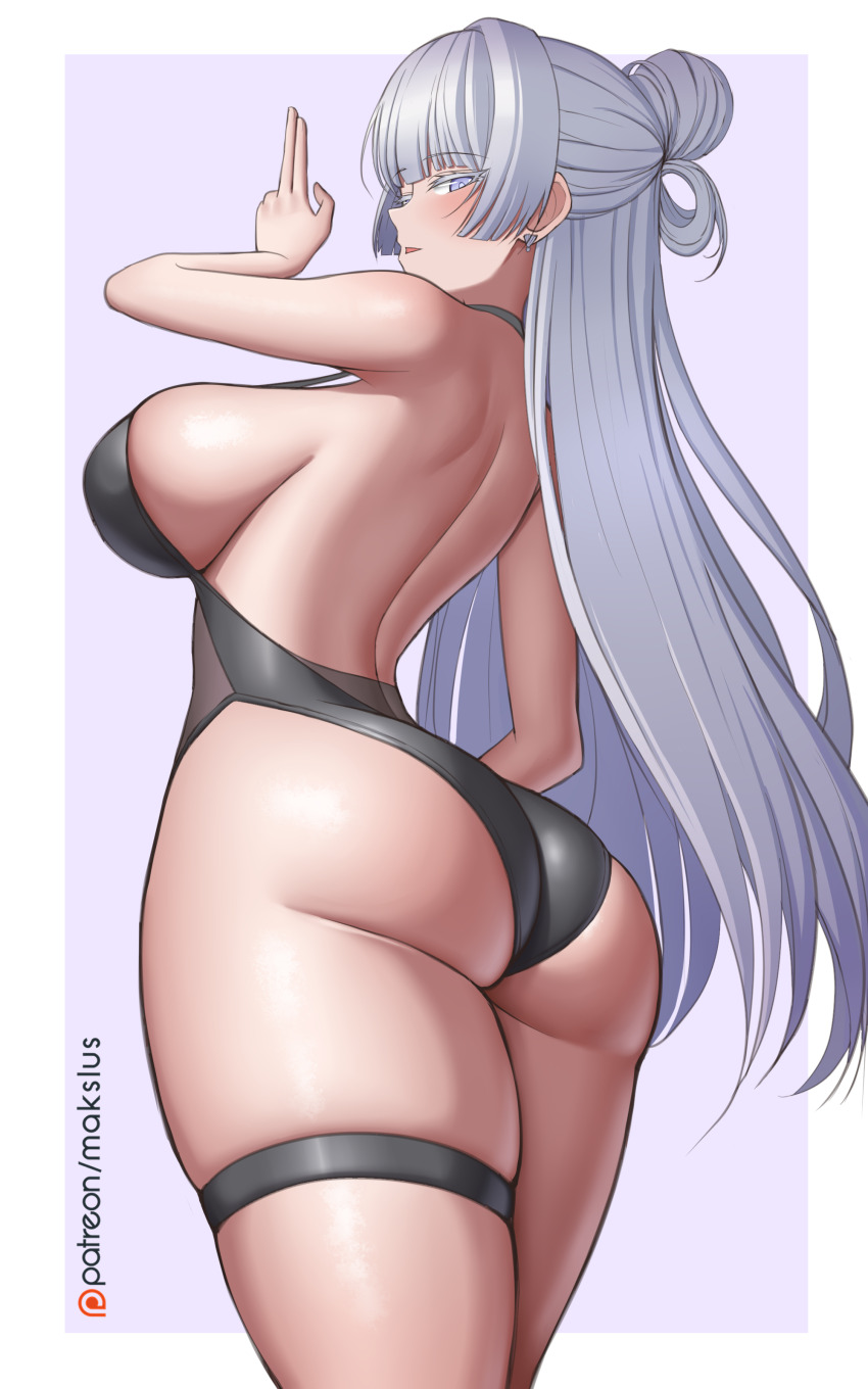 1girl, absurdres, ass, black_one-piece_swimsuit, breasts, commentary, cowboy_shot, curvy