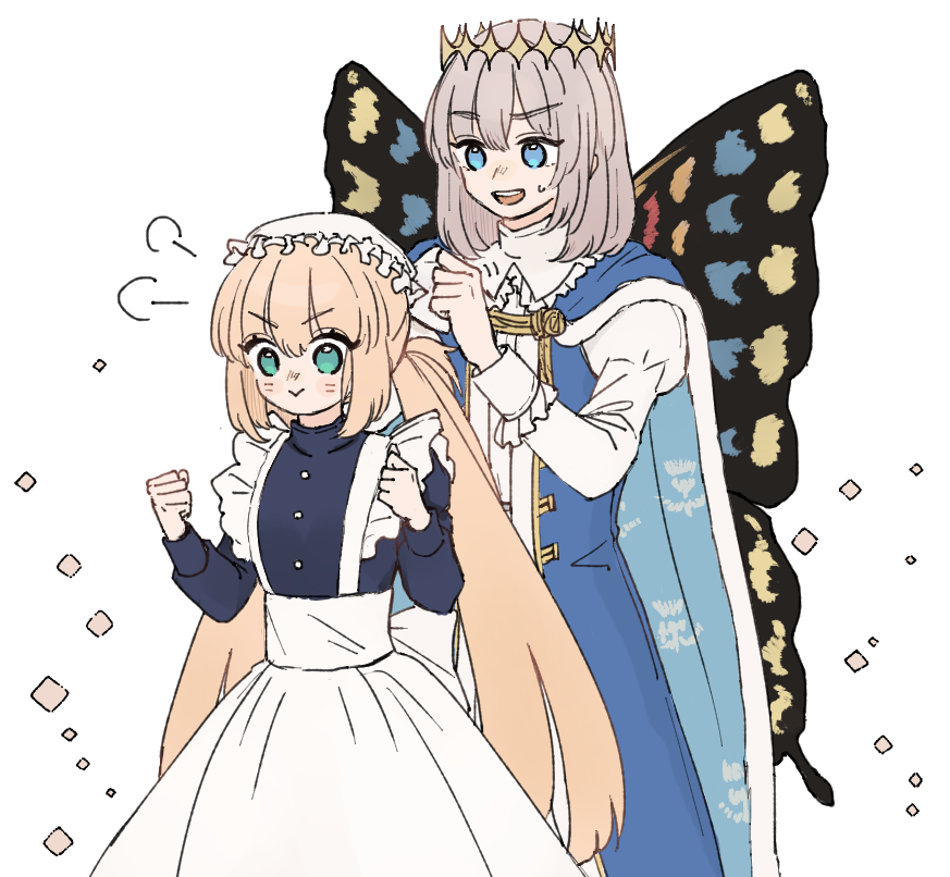 1boy, 1girl, :>, adjusting_another's_clothes, apron, artoria_caster_(fate), artoria_pendragon_(fate), blaulilie110