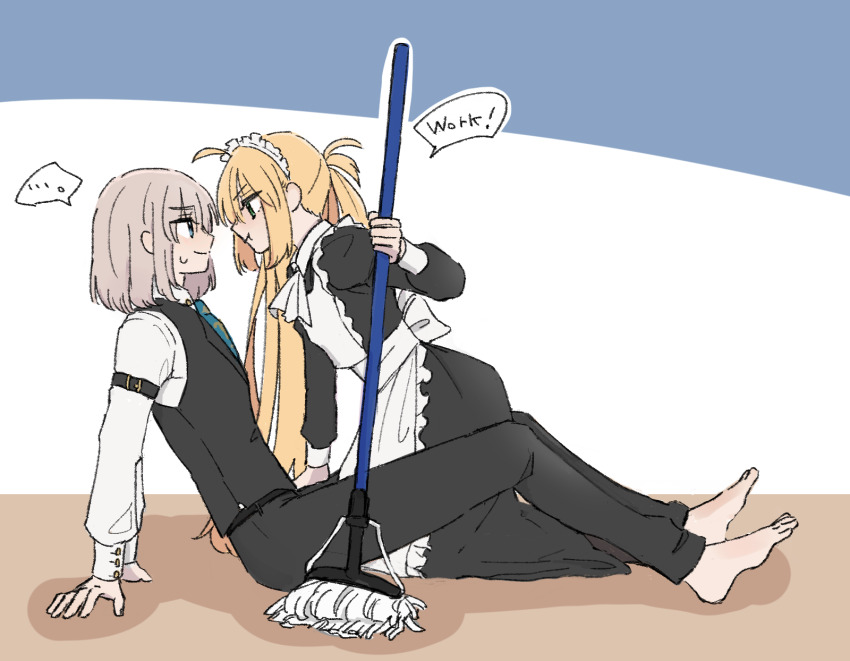 ..., 1boy, 1girl, alternate_costume, apron, arm_strap, artoria_caster_(fate), artoria_pendragon_(fate), barefoot, black_dress, black_pants, black_vest, blaulilie110, blonde_hair, blue_necktie, commentary_request, dress, fate/grand_order, fate_(series), green_eyes, grey_hair, highres, juliet_sleeves, kneeling, long_dress, long_hair, long_sleeves, maid, maid_apron, maid_headdress, mop, necktie, oberon_(fate), pants, puffy_sleeves, sitting, spoken_ellipsis, twintails, very_long_hair, vest, white_apron