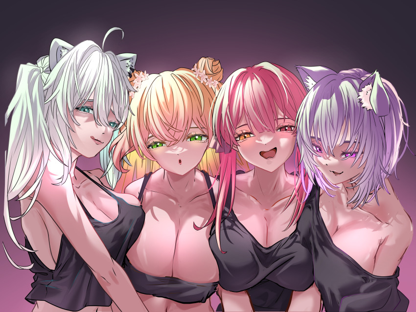 4girls, absurdres, ahoge, alternate_costume, animal_ear_fluff, animal_ears, bad_anatomy, black_shirt, blonde_hair, breasts, cat_ears, cat_girl, cleavage, drooling, green_eyes, grey_eyes, grey_hair, heterochromia, highres, hololive, houshou_marine, keren_illust, large_breasts, lion_ears, lion_girl, long_hair, looking_at_viewer, medium_hair, momosuzu_nene, mouth_drool, multiple_girls, nekomata_okayu, open_mouth, purple_eyes, purple_hair, red_eyes, shirt, shishiro_botan, very_long_hair, virtual_youtuber, yellow_eyes
