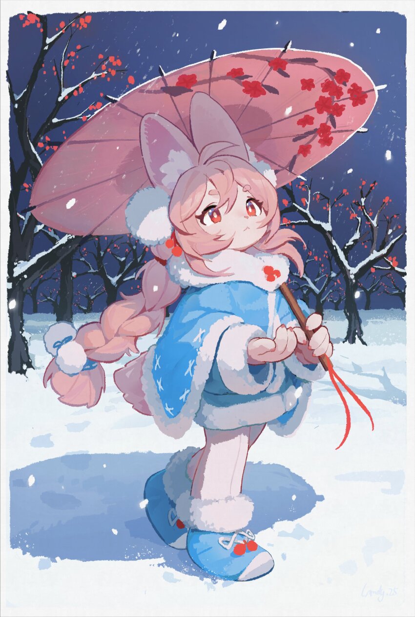 1girl, absurdres, ahoge, alternate_costume, animal_ear_fluff, blue_jacket, blue_shoes, border, braid, bright_pupils, closed_mouth, commentary_request, flower, fur-trimmed_jacket, fur-trimmed_shoes, fur_trim, furry, furry_female, highres, holding, holding_umbrella, jacket, la-ndy, oil-paper_umbrella, outdoors, pink_hair, pink_umbrella, plum_blossom_print, plum_blossoms, pom_pom_(clothes), rabbit_girl, red_eyes, red_flower, shadow, shoes, snow, snowing, solo, umbrella, white_border, winter, winter_clothes, zenless_zone_zero, zhao_(zenless_zone_zero)