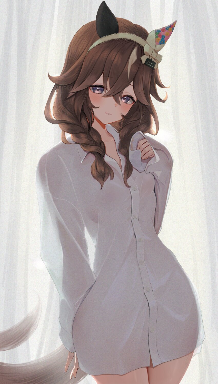 1girl, absurdres, amasa_(ama_sa3), animal_ears, blush, braid, brown_tail, commentary_request