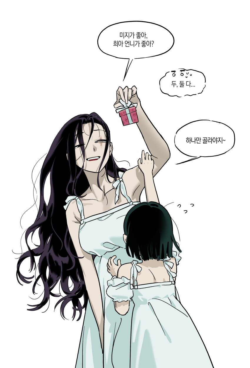 2girls, absurdres, birthday, black_eyes, black_hair, breasts, dress, flying_sweatdrops