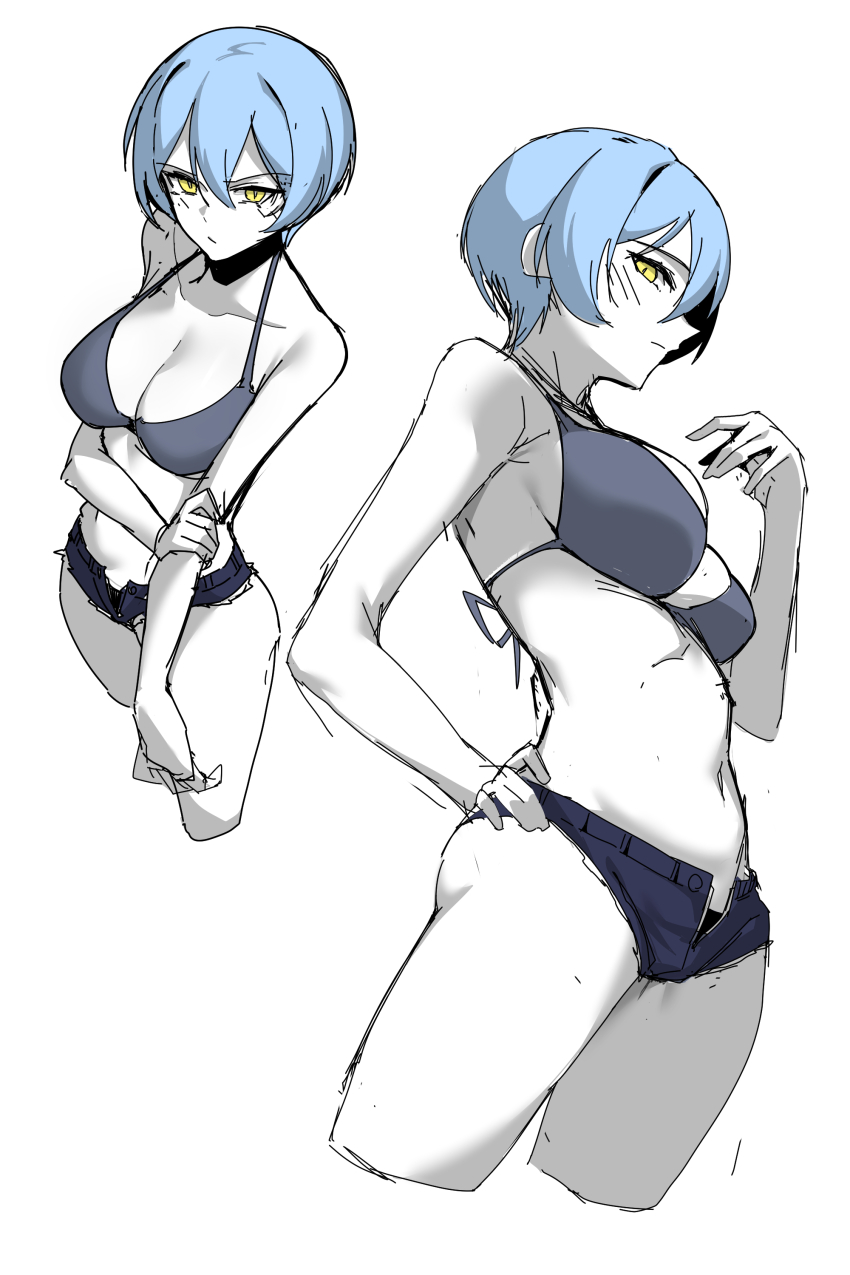 1girl, absurdres, angela_(project_moon), arm_up, bare_shoulders, blue_bra, blue_shorts, blush, bra, breasts, cleavage, commentary_request, cowboy_shot, from_above, from_below, hair_between_eyes, hand_on_own_arm, hand_on_own_hip, helseujang, highres, large_breasts, library_of_ruina, looking_at_viewer, navel, project_moon, short_hair, short_shorts, shorts, underwear, white_background, yellow_eyes