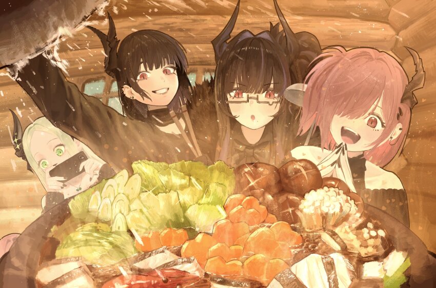 4girls, absurdres, bahamut_(nikke), behemoth_(nikke), black_hair, black_horns, black_lips, black_nails