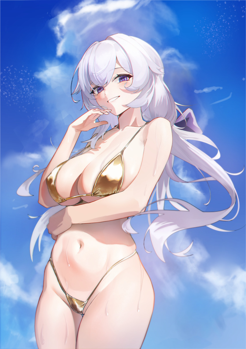 1girl, absurdres, arm_under_breasts, bare_shoulders, bikini, blue_sky, blush, bow