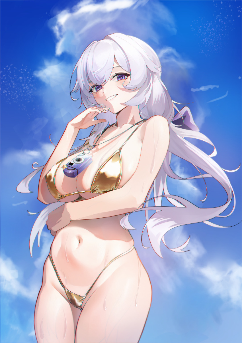 1girl, absurdres, arm_under_breasts, bare_shoulders, bikini, blue_sky, blush, bow