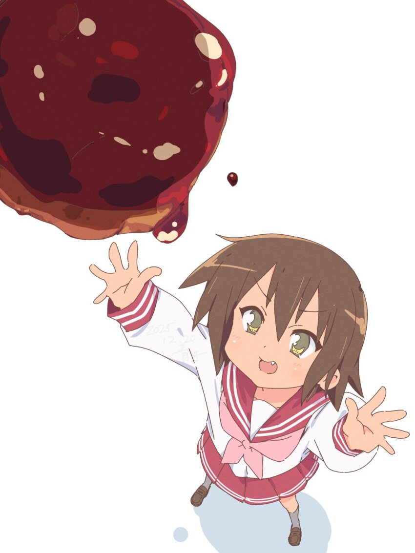 1girl, :d, bluearcadegames, brown_hair, brown_shoes, falling_food, fang, female_focus