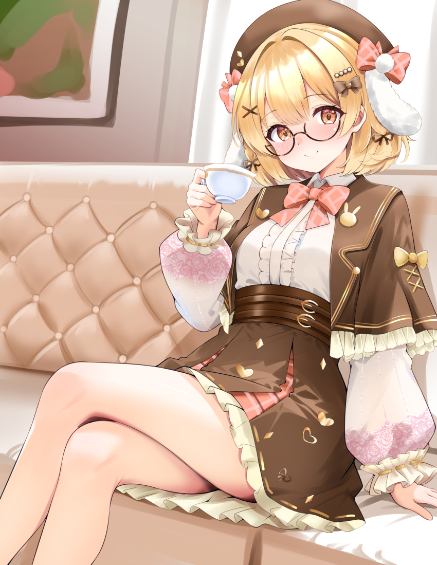 1girl, akai_watame, animal_print, beret, blush, bow, bowtie, brown_bow