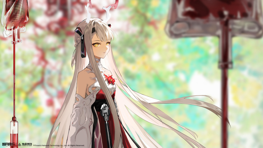 1girl, absurdres, bare_shoulders, black_hairband, blood, blood_bag, blurry, blurry_background