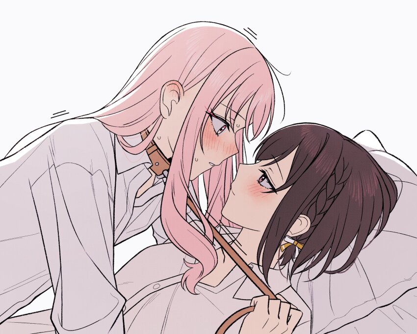 1girl, 1other, akiyama_mizuki, androgynous, belt_collar, blush, braid, brown_eyes