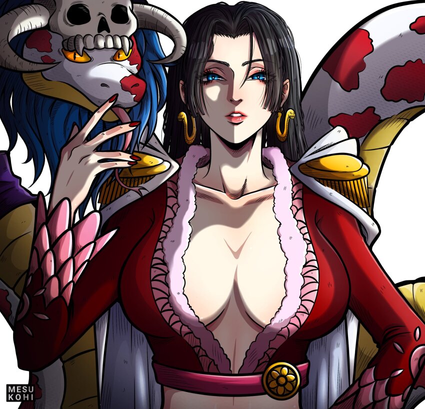 1girl, artist_name, black_hair, blue_eyes, boa_hancock, breasts, cape, commentary