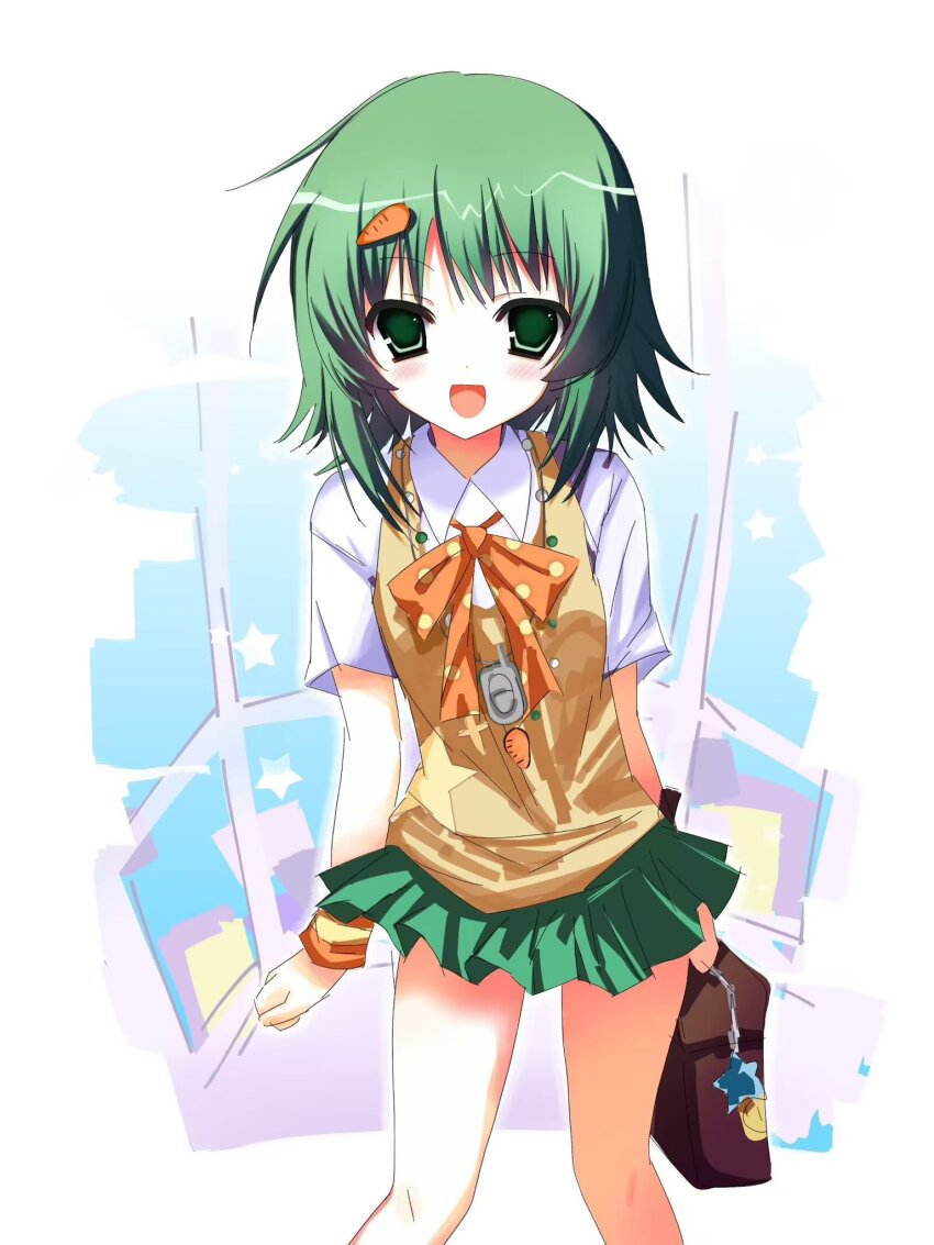 1girl, 2000s_(style), bag, bow, bowtie, bracelet, brown_bag, carrot_hair_ornament, charm_(object), collared_shirt, commentary, english_commentary, food-themed_hair_ornament, green_eyes, green_hair, green_skirt, gumi, hair_ornament, highres, holding, holding_bag, i_can't_wait_(synthesizer_v), jewelry, light_blush, naivefatei_(nemui), necklace, open_mouth, orange_bow, orange_bowtie, pleated_skirt, polka_dot, polka_dot_bow, polka_dot_bowtie, shirt, short_hair, skirt, smile, solo, star_(symbol), star_print, synthesizer_v, vest, vocaloid, white_shirt, yellow_vest