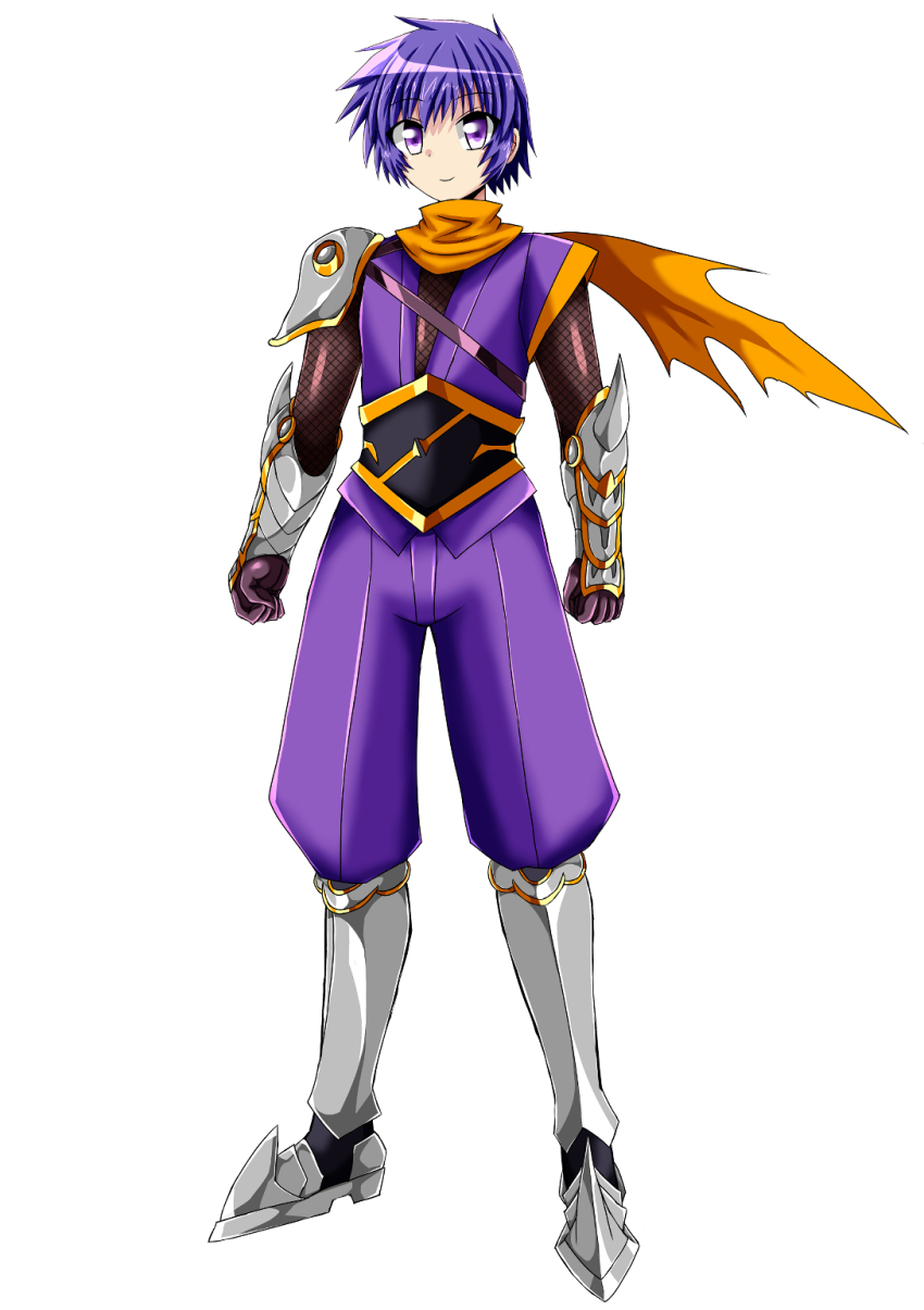 1boy, akiyama_tatsurou, armor, armored_boots, blue_hair, boots, full_body, gauntlets, gloves, highres, ninja, orange_scarf, purple_eyes, scarf, shoulder_armor, taimanin_(series), taimanin_suit, taimanin_yukikaze, zesuto