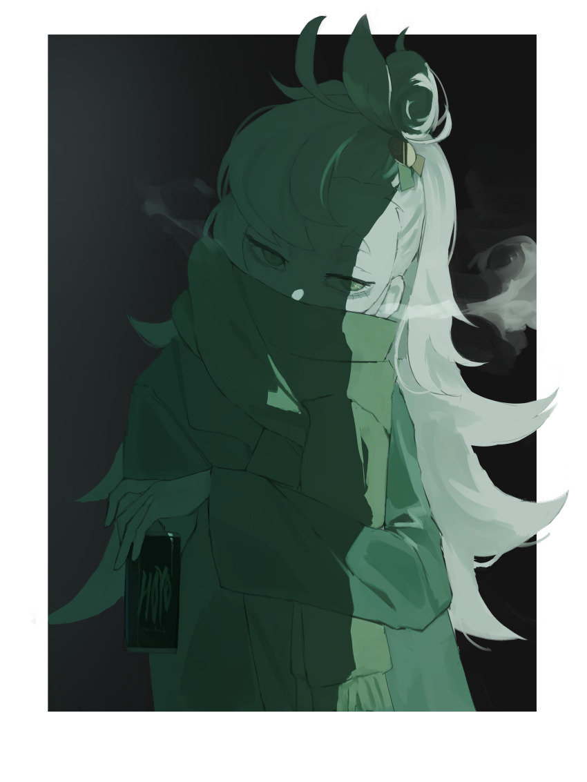 1girl, absurdres, alternate_costume, black_background, blonde_hair, border, breath, can