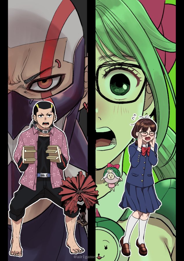 1boy, 1girl, adjusting_eyewear, aozora_airu, barefoot, black_pants, black_shirt, blue_jacket