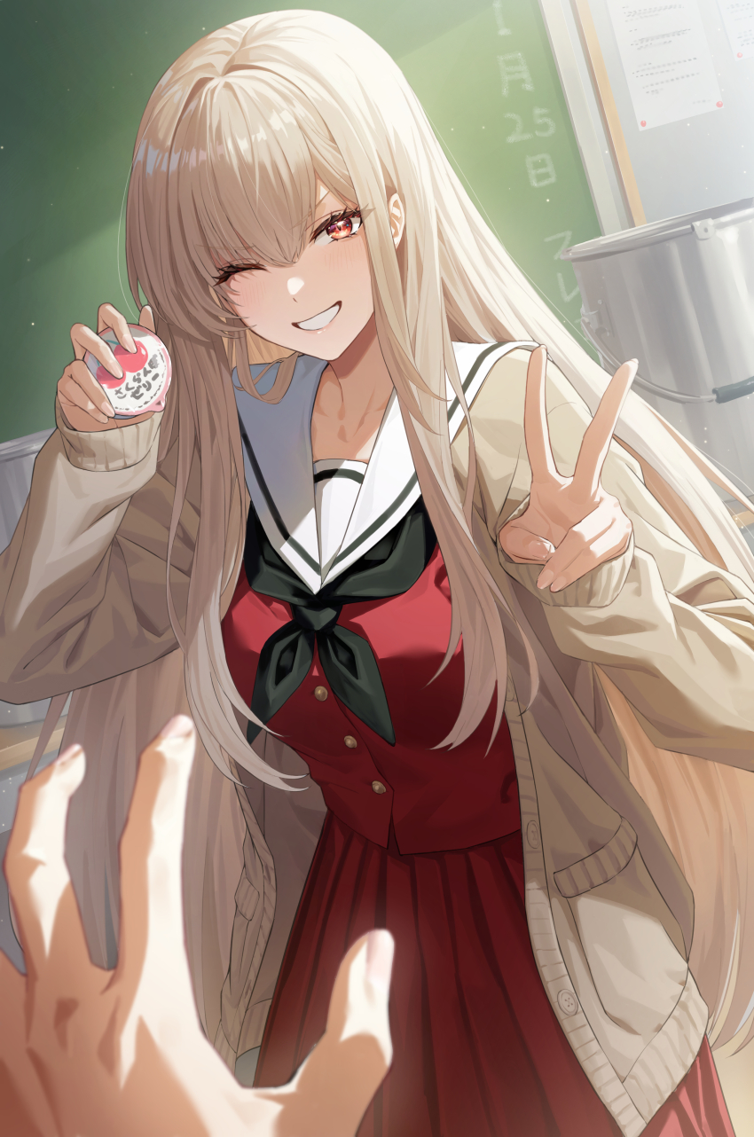 1girl, 1other, ;), abe-chan, absurdres, black_neckerchief, blonde_hair, brown_cardigan