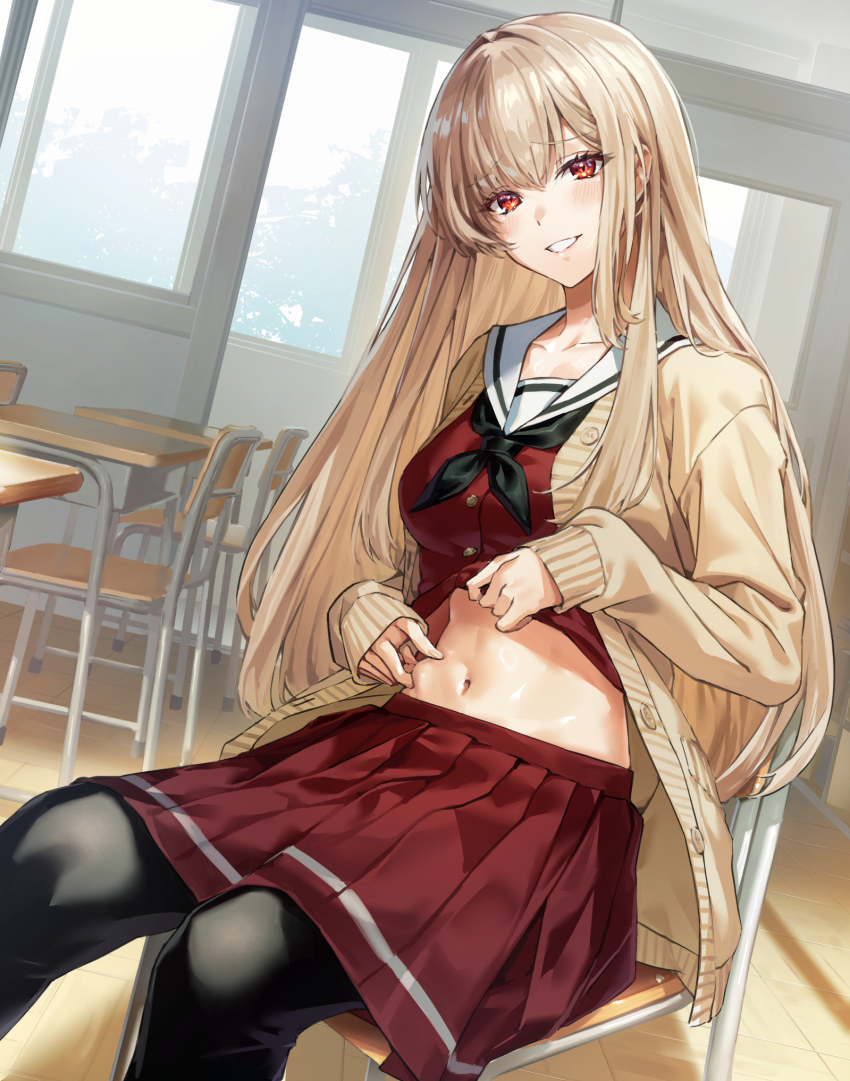 1girl, abe-chan, black_pantyhose, blonde_hair, blush, breasts, cardigan, chair