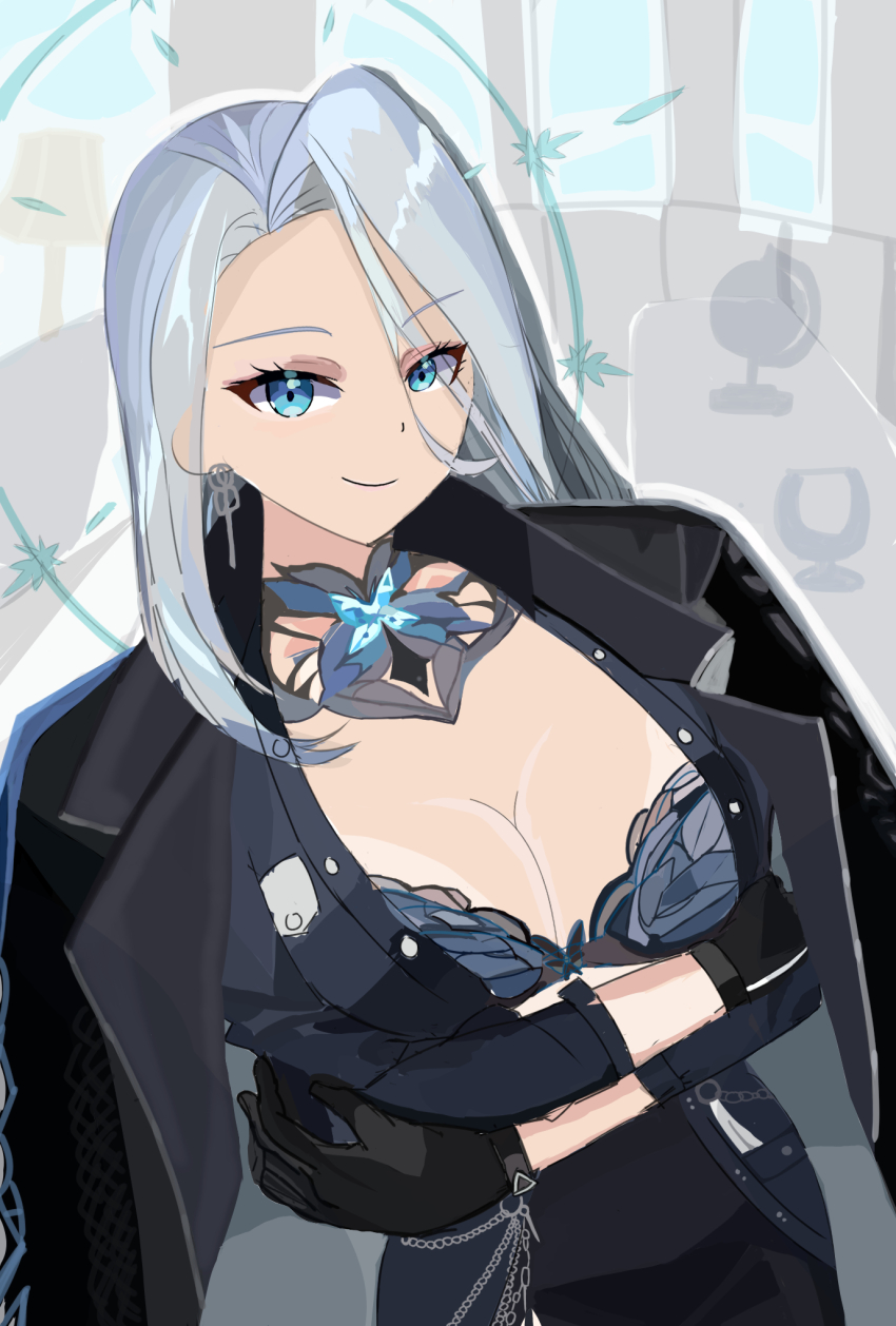 1girl, amanda_lee, blue_shirt, blue_suit, bra, breasts, bug, butterfly, butterfly_brooch, buttons, formal_clothes, halo, halo_behind_head, highres, indie_virtual_youtuber, insect, jacket, kohinn, lace, lace_bra, lace_collar, mafia, monarch_amalee, monarch_amalee_(mafia), pencil_skirt, shirt, skirt, skirt_suit, suit, suit_jacket, underwear, virtual_youtuber, vshojo