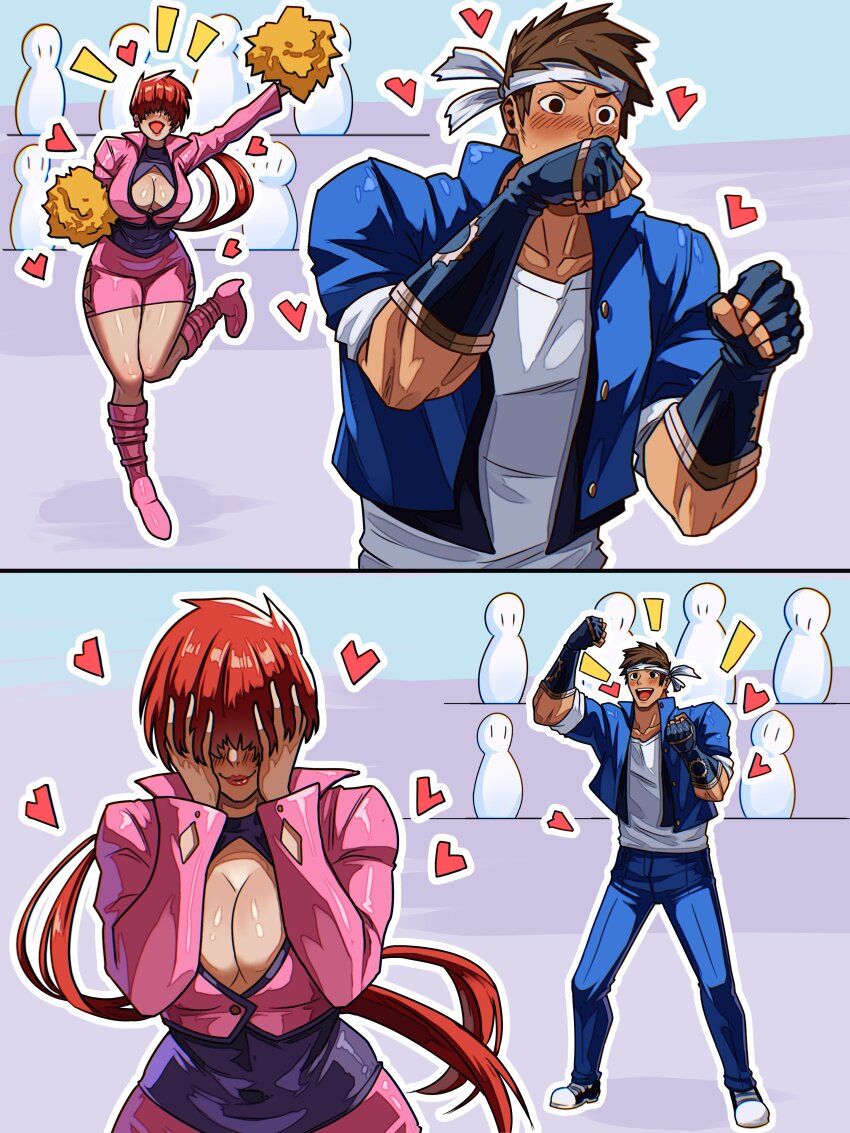 1boy, absurdres, blush, boots, breasts, brown_eyes, brown_hair, cleavage