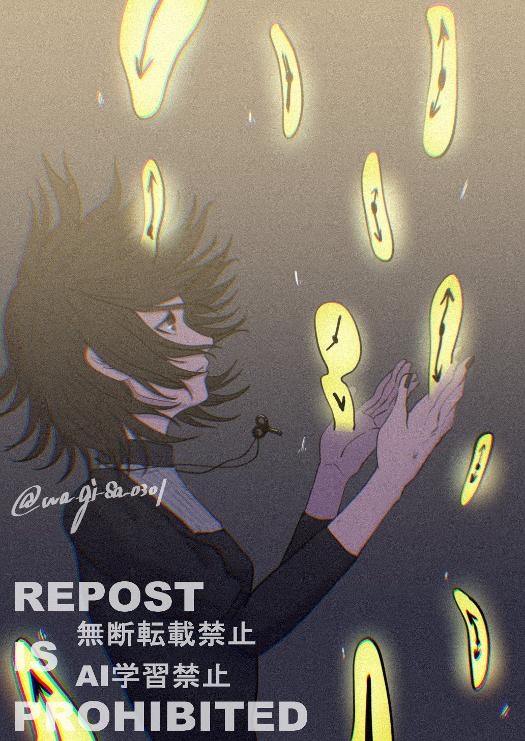 1girl, artist_name, black_background, black_dress, black_nails, brown_hair, clock, d.gray-man