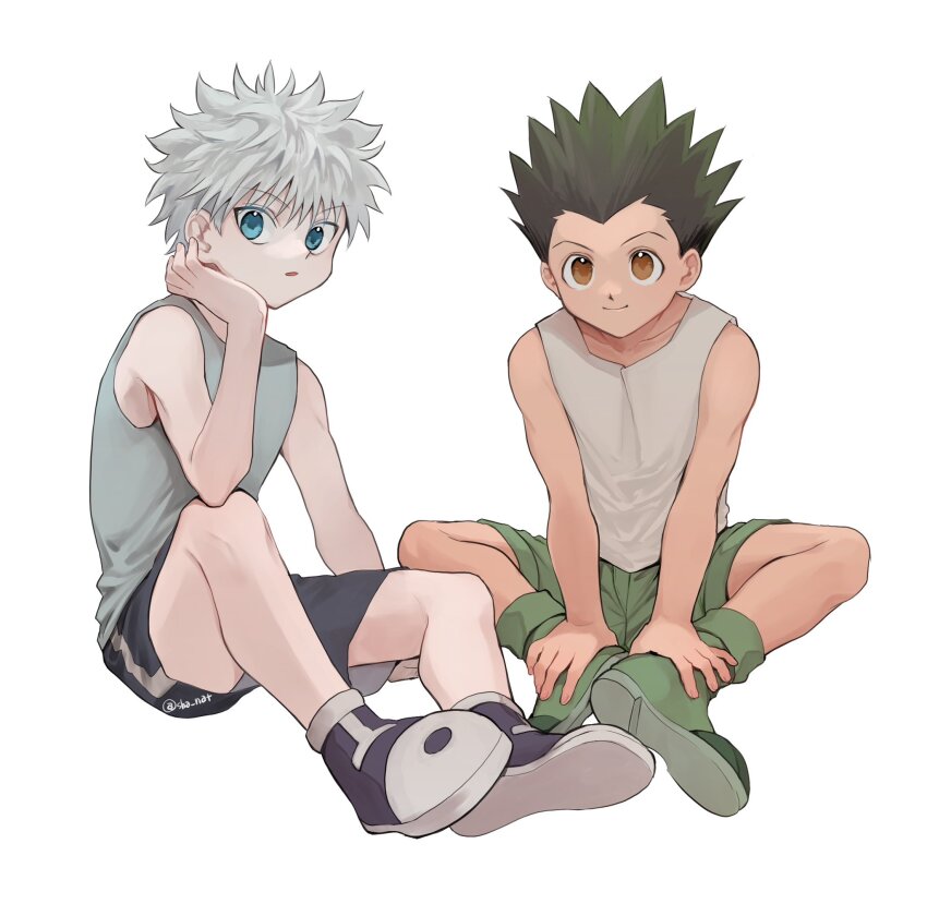 2boys, bare_shoulders, black_hair, black_shorts, blue_eyes, blue_shirt, boots, brown_eyes, closed_mouth, collarbone, crew_neck, elbow_on_knee, gon_freecss, green_boots, green_shoes, green_shorts, hand_on_own_face, hands_on_own_feet, hashtag-only_commentary, highres, hunter_x_hunter, invisible_chair, killua_zoldyck, male_focus, multiple_boys, sha_nato, shirt, shoes, short_hair, shorts, sitting, smile, tank_top, white_hair, white_shirt, widow's_peak