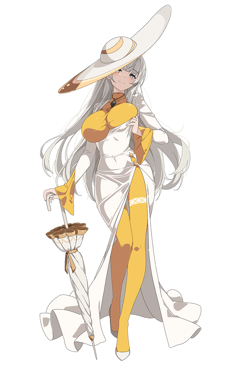 1girl, breasts, dian_cecht_(lost_sword), dress, game_cg, grey_eyes, hat, highres