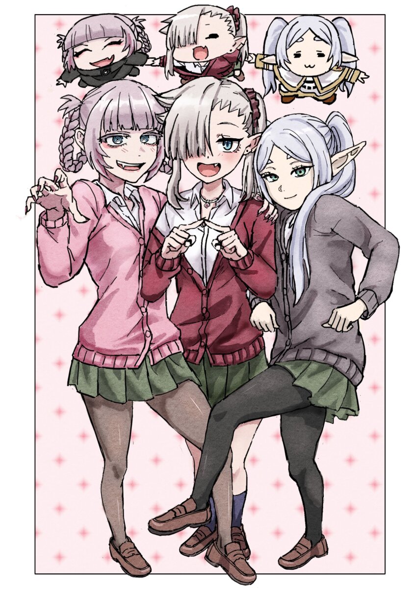 3girls, absurdres, alternate_costume, black_pantyhose, black_socks, blue_eyes, blunt_bangs, border