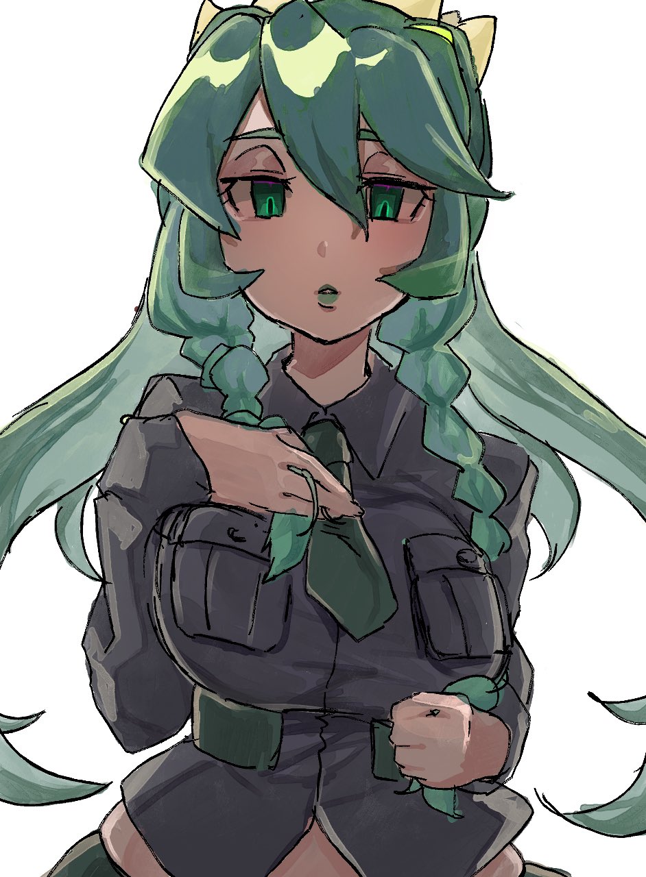 1girl, braid, breasts, dark-skinned_female, dark_skin, facing_viewer, fukua_(skullgirls), green_eyes