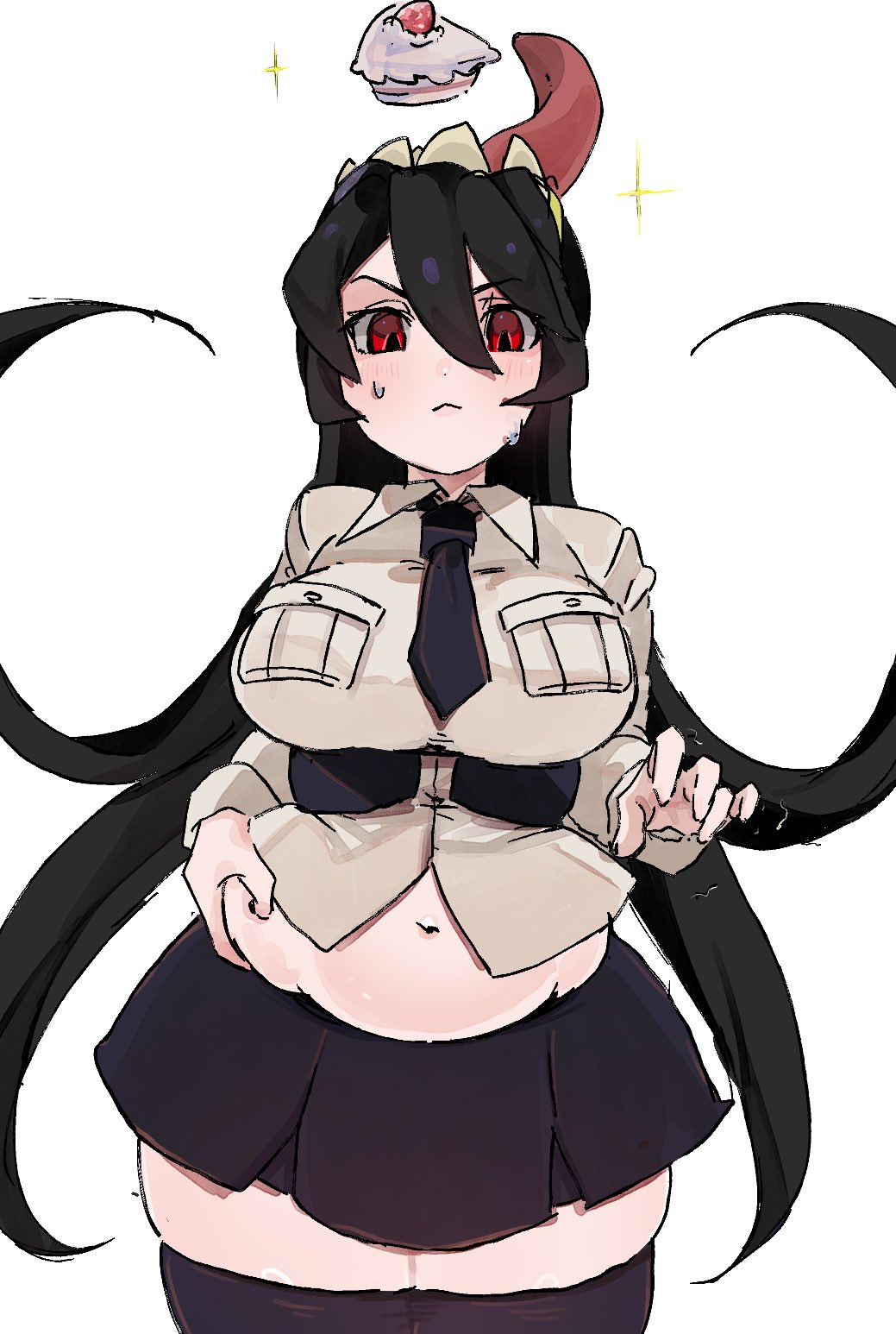 1girl, black_hair, blush, cake, cake_slice, cowboy_shot, eating, facing_viewer, filia_(skullgirls), food, highres, long_hair, looking_down, navel, necktie, pleated_skirt, plump, red_eyes, samson_(skullgirls), school_uniform, shimoya_k, skirt, skullgirls, solo, sparkle, sweat, tentacle_hair, white_background