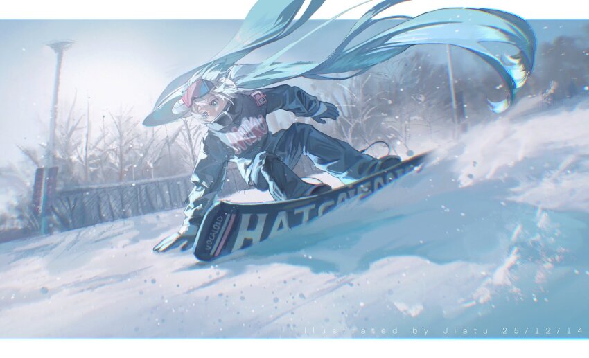 1girl, absurdly_long_hair, alternate_costume, aqua_eyes, aqua_hair, blue_pants, character_name, coat