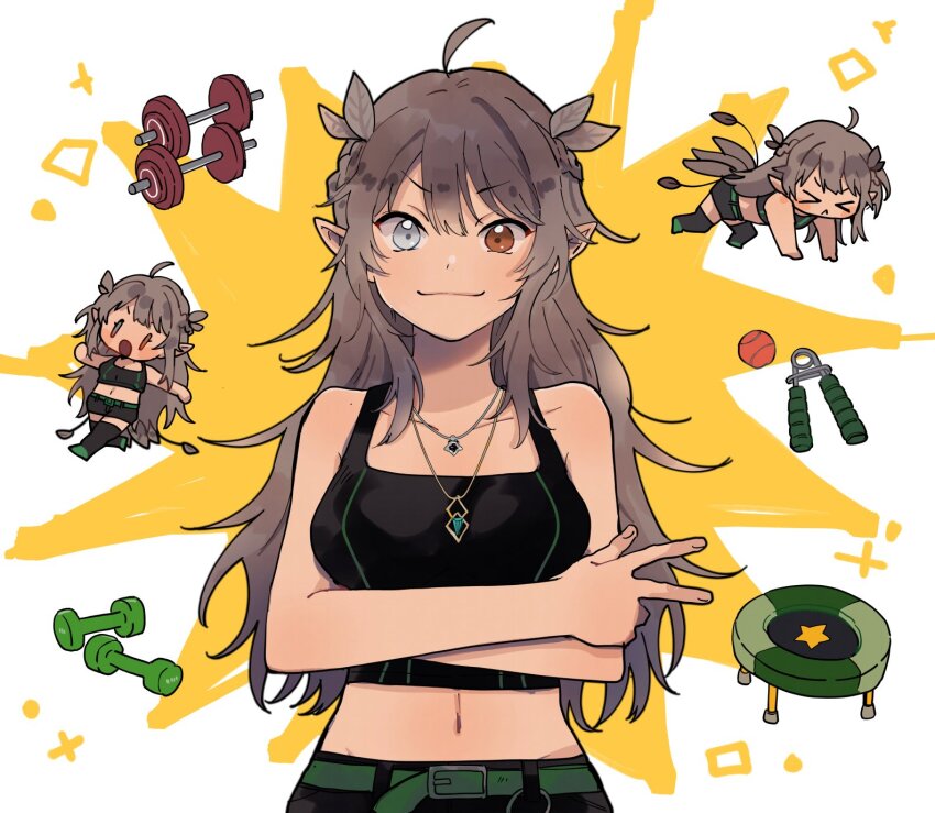 >_<, 1girl, :3, ahoge, alternate_costume, ball, barbell, belt