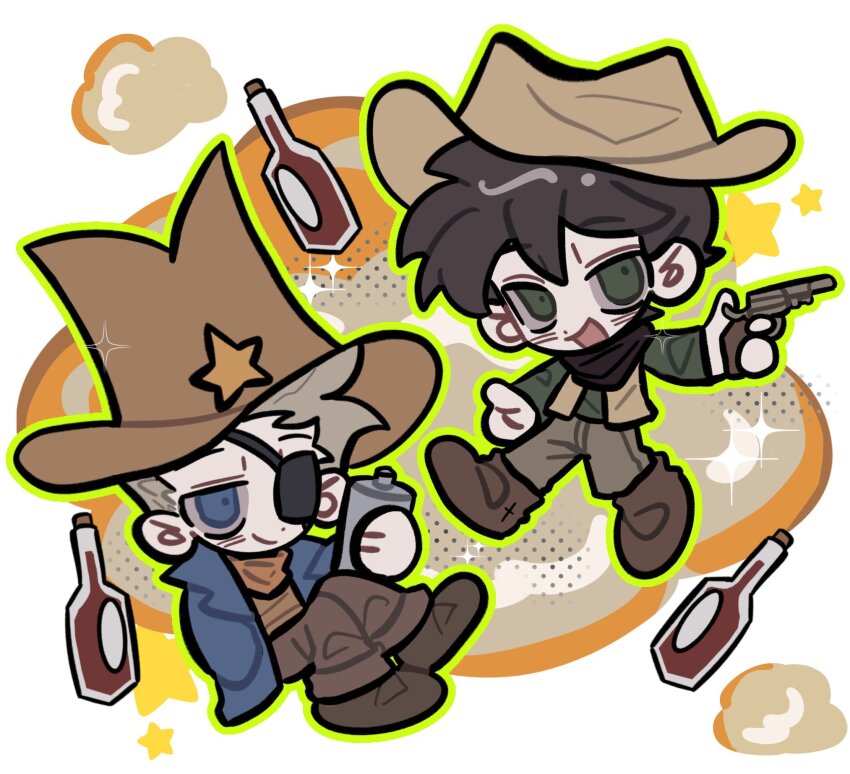 2boys, :d, animification, blue_coat, blue_eyes, bottle, brown_hair, brown_hat, brown_neckerchief, brown_pants, brown_shirt, brown_shoes, brown_vest, chibi, chibi_only, chinese_commentary, coat, cola, commentary_request, cowboy, cowboy_hat, cowboy_western, edd_(eddsworld), eddsworld, edward_gold_(eddsworld), eyepatch, green_eyes, green_shirt, gun, hair_behind_ear, hat, highres, hip_flask, holding, holding_gun, holding_weapon, immuir, long_sleeves, male_focus, multiple_boys, neckerchief, official_alternate_costume, open_clothes, open_coat, open_mouth, open_vest, pants, sheriff_(western), shirt, shoes, short_hair, simple_background, smile, spiked_hair, star_(symbol), thick_lineart, thompson_(eddsworld), tom_(eddsworld), vest, weapon, western, white_background