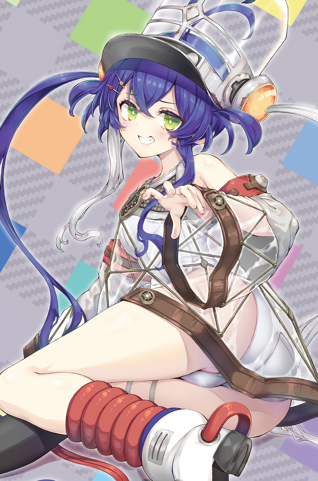 blue_hair, breasts, dress, duel_monster, green_eyes, hair_between_eyes, hat, highres