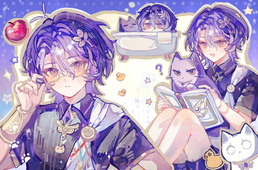 !, 1boy, :/, ?, adjusting_eyewear, aged_down, animalization, apple