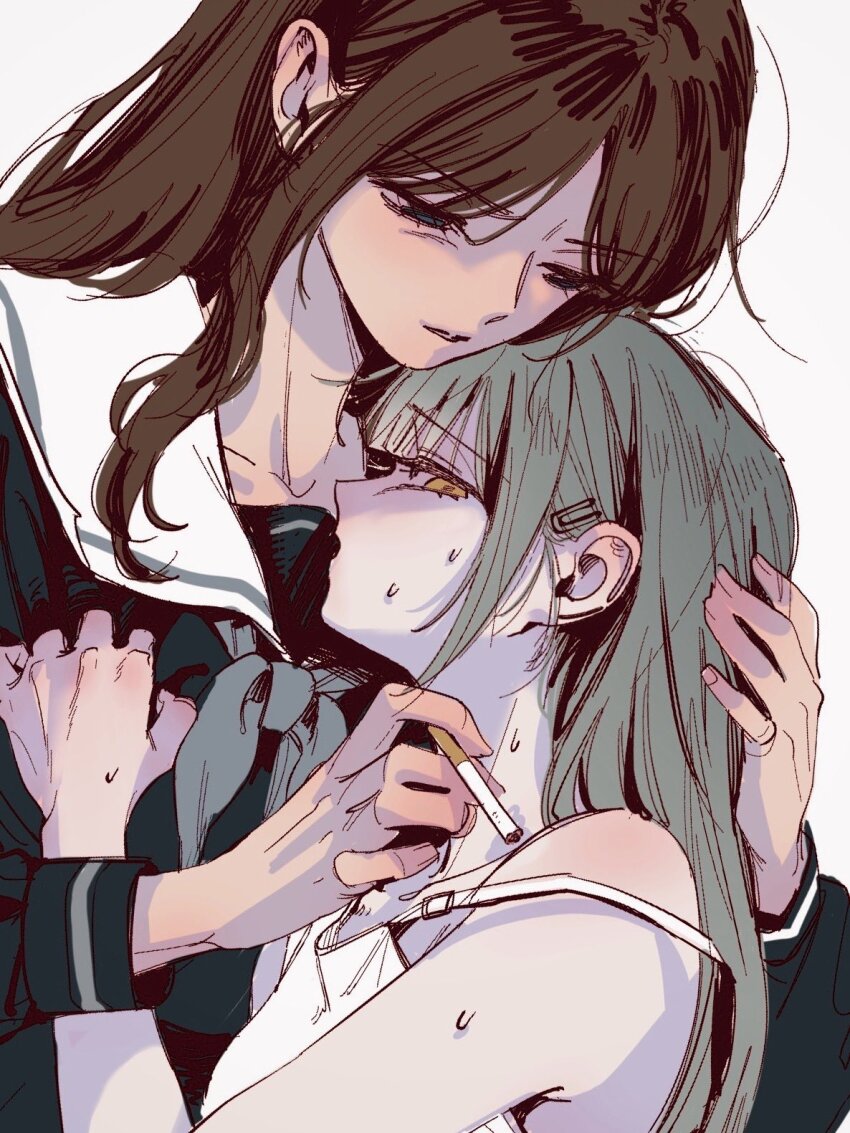 12thfog, 2girls, abuse, bang_dream!, bang_dream!_it's_mygo!!!!!, blue_eyes, blue_shirt, brown_hair