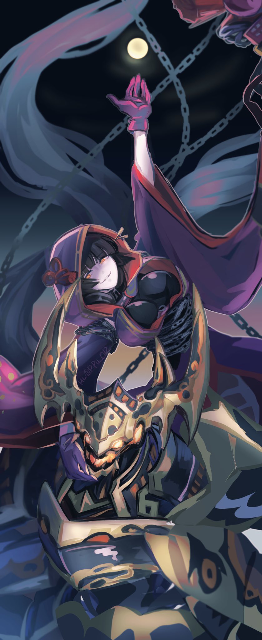 1girl, armor, black_hair, blunt_bangs, breasts, chain, duel_monster, full_moon