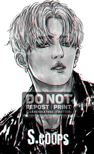 1boy, artist_name_(singer), commentary, earrings, gehenna1986, greyscale, jacket, jewelry