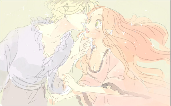 1boy, 1girl, blonde_hair, chocolat_meilleure, closed_eyes, commentary_request, dress, earrings, frilled_shirt, frills, green_eyes, jewelry, long_hair, masso, orange_hair, pierre_tempete_de_neige, pink_dress, shirt, short_hair, sparkle, sugar_sugar_rune